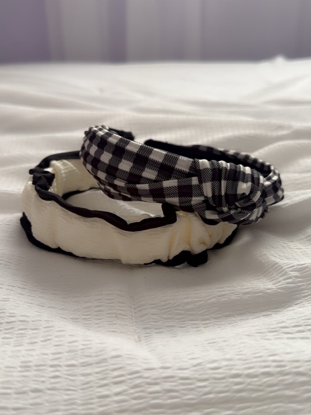 Black & White Gingham and Cream Ruffled Headband Set